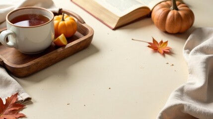 Cozy Autumn Scene Warm Drink, Miniature Gourds, and Fall Leaves Beside an Open Book on a Neutral Surface