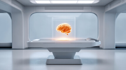 Futuristic display showcases glowing brain transparent container, symbolizing advanced technology and innovation. sleek