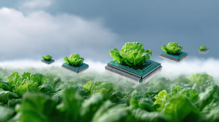 Innovative technology blends with nature this surreal image of microchips adorned with lettuce, symbolizing fusion