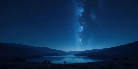 Serene Night Milky Way's Celestial River Reflecting on a Tranquil Lake Surrounded by Silhouetted Mountains