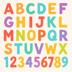 Colorful alphabet letters and numbers from one to nine, arranged in rows on a light background.