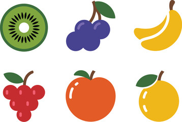 A flat illustration of six different types of fruits on a light background