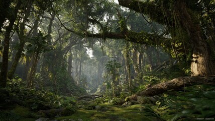 Whispers of the Jungle: A dense, verdant jungle teems with life, sunlight filtering through the lush canopy, evoking a sense of mystery and untamed beauty.