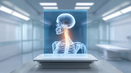 Transparent display showcases detailed human skeleton, highlighting spine and skull modern medical environment. setting