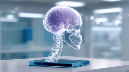 Detailed anatomical model of human skull and brain, showcasing intricate structure of human nervous system. This educational