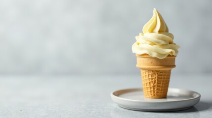 A Single Serving of Creamy Frozen Dairy Dessert in a Waffle Cone on a Plate