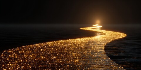 Golden path shimmering across dark water towards bright light glitter
