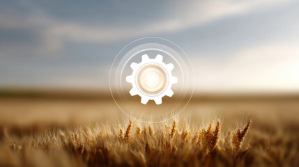 Wheat field with gear symbol representing technology and agriculture, showcasing innovation in farming practices