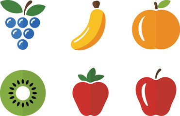Illustration of grapes banana orange kiwi strawberry and apple on a white background