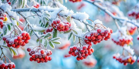 Dense branches of rowan tree covered in heavy snow