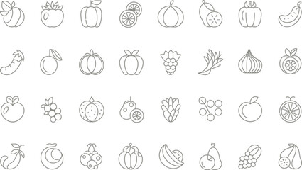 A collection of outlined fruit and vegetable icons arranged in a grid pattern