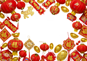 Red Gold Lanterns Ingots Transparent Background for Spring Festival