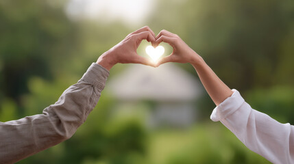 Heart shape with hands symbolizes love and connection, set against soft, blurred background of greenery
