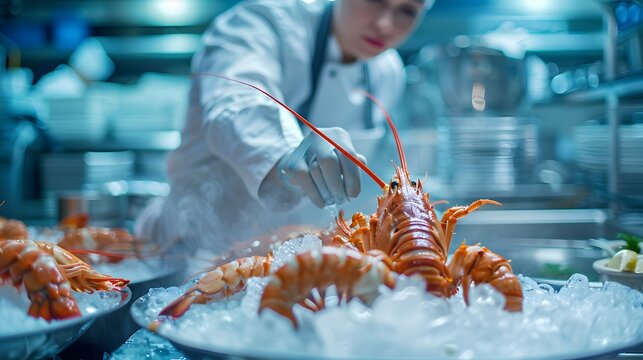 A skilled female chef in a seafood restaurant kitchen 