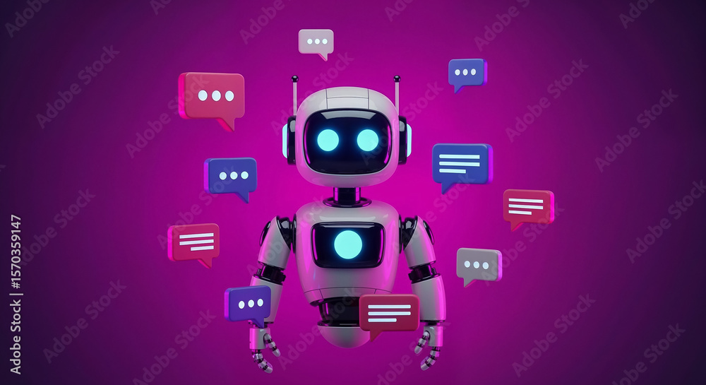Poster friendly white chatbot receiving messages on purple background