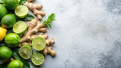 Fresh limes and ginger roots arranged on a light background for culinary inspiration