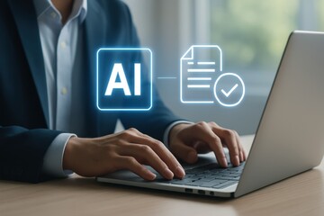 Business Professional Using Laptop for AI Document Generation in Modern Office Environment with Graphic Illustration of Technology Influence