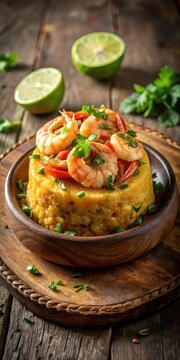 Steaming plate of mofongo with succulent shrimp in a rich garlic sauce