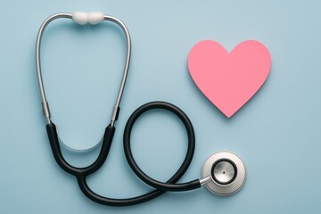 Stethoscope and Pink Heart Symbol on Blue Background Representing Healthcare, Medicine, Caring, and Compassion in Health Wellness