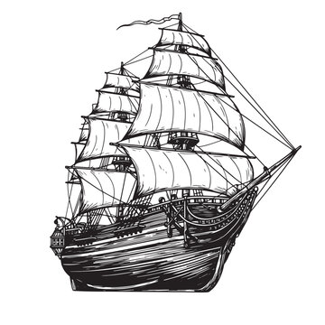 Hand drawn illustration of a detailed vintage tall sailing ship with billowing sails isolated on white background