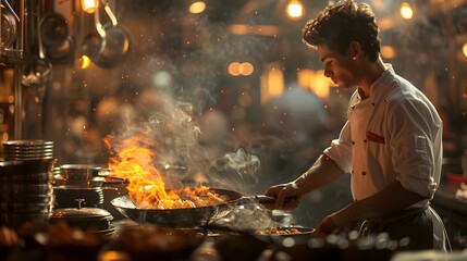 A young male chef in a modern open kitchen tossing