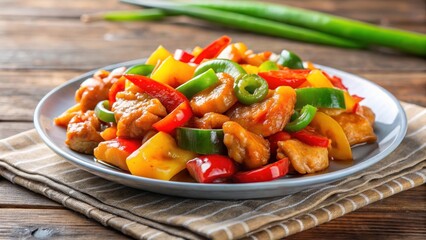 Sweet and sour chicken with colorful bell pepper on a plate