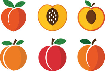 Illustration of whole and halved peaches with leaves on a white background