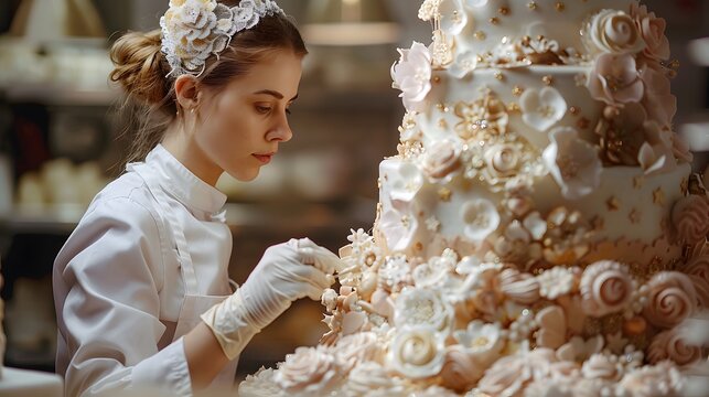 A talented young female baker carefully decorating a cake - Powered by Adobe