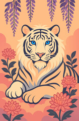 Majestic White Tiger with Blue Eyes Resting Amid Blooming Flowers and Purple Vines in a Serene Sunset Landscape – Vector Art Celebrating Strength, Beauty, and Nature