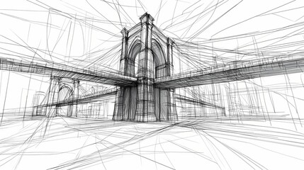 Fototapeta premium Architectural drawing of a suspension bridge.