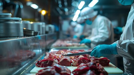 Butchers and factory workers processing fresh meat