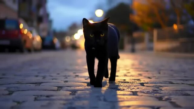 Black Cat Night Street Cobblestones.