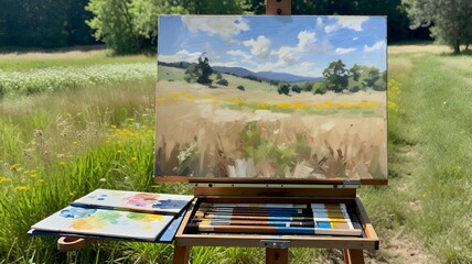 Impressionistic landscape painting on easel shows pastoral field during the day, bathed in sunlight.