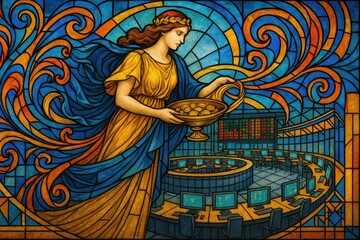 Elegant stained glass artwork depicting a woman in a flowing dress holding gold coins, symbolizing prosperity and finance in a modern trading environment