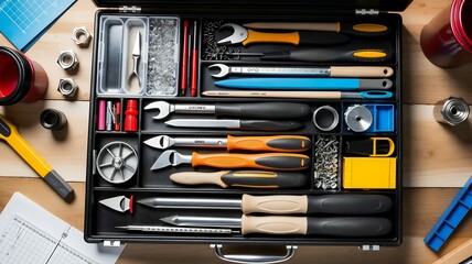 A craftsman's organized toolbox showcases a variety of hand tools arranged neatly inside the case.