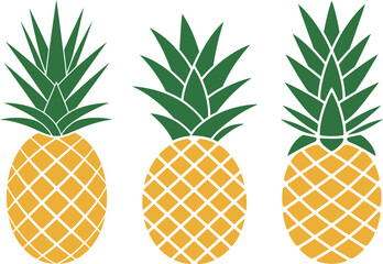 Three pineapple fruits with green leaves and yellow textured skin on white background