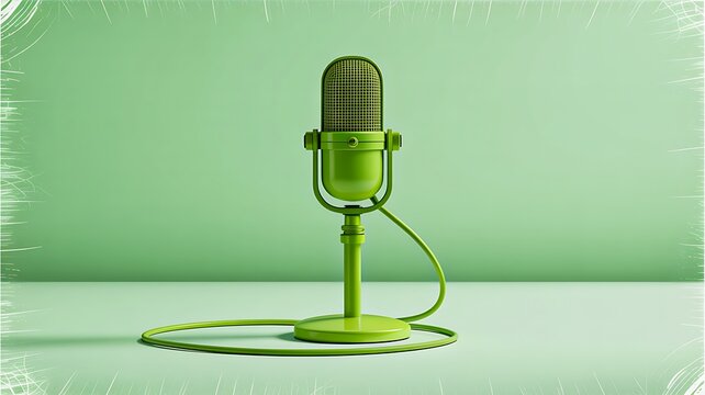 Vintage green microphone on green background for podcast

