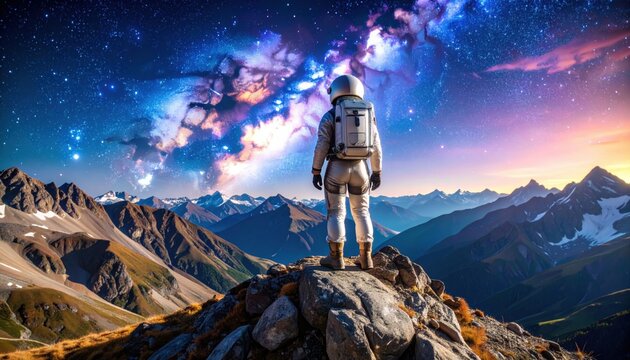 Astronaut On Mountaintop Against Starry Sky