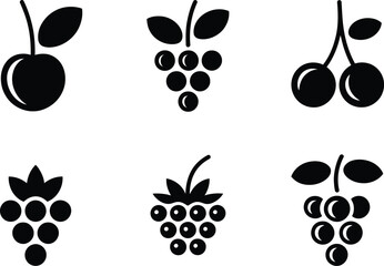A collection of six black and white fruit icons featuring cherries grapes and berries