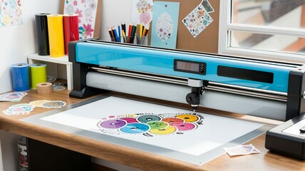 A machine precisely cuts a colorful, artistic design on a bright surface in a craft setting.