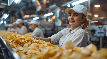 Employees in a large snack production plant operating 