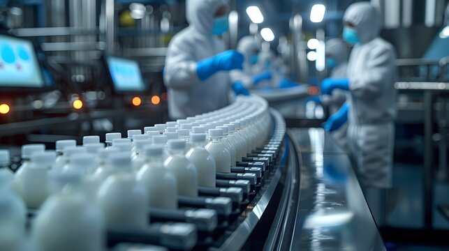 Employees in a dairy processing plant inspecting - Powered by Adobe