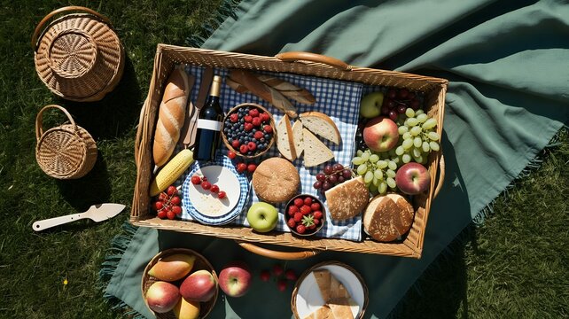 Overhead picnic scene with wine, fruit, and bread in wicker basket on a green blanket outdoor.