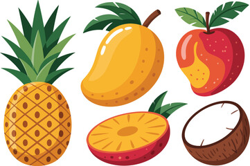 Illustration of pineapple, mango, half mango, and coconut on a white background