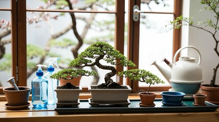 Indoor scene featuring bonsai trees, watering cans, and spray bottles on a window sill, zen vibe.
