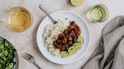 Savory philippine adobo served with garlic rice