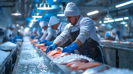 Workers in cold storage gear packing frozen vegetable 