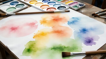 Watercolor washes of vibrant colors create abstract art with brushes and paint palettes nearby.