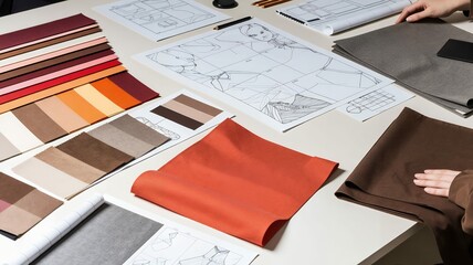 Creative workspace featuring fabric swatches, design sketches, and tools laid out on a table.