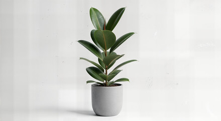 Stylish Indoor Rubber Plant (Ficus elastica) in a Modern Grey Pot on White Background - Trendy Low-Maintenance Houseplant for Elegant Home and Office Decor, Natural Foliage Accent with Large Glossy Le